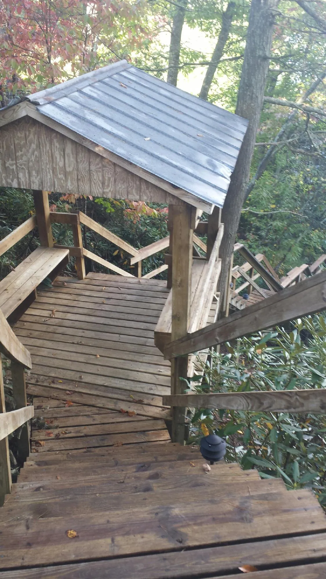 Metal roofed shelter over wooden steps on a wooded walkway — Skylight Repair & Installation work by our crew in Fort Lee